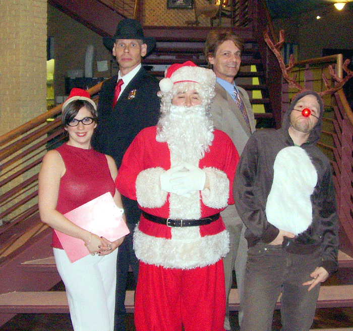 Back: Joe Friedegg (Bert Furioli), and Frank Cannon (Butch
Maxwell). Front: Santa Claus (Mario Muscar), Donna Trump (Gretchen Schneider)
and Rudy the Reindeer, Jr. (Ryan Sears).