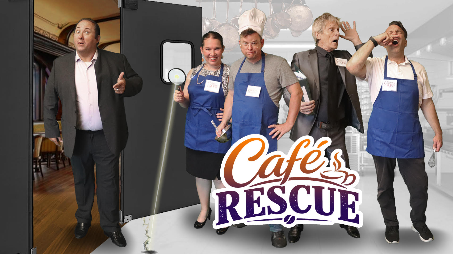 The cast of Café Rescue in a restaurant kitchen with the show logo